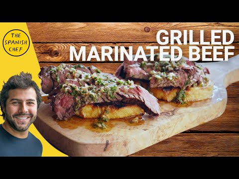 Grilled marinated beef skirt with Argentinian chimichurri sauce on toast (Napoleon Grill)