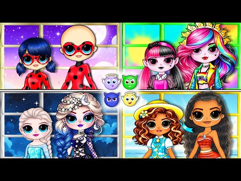 Good Day Girls vs Night Girls: Marinette, Moana, Elsa DIY LOL Surprise! Paper Dolls Dress up