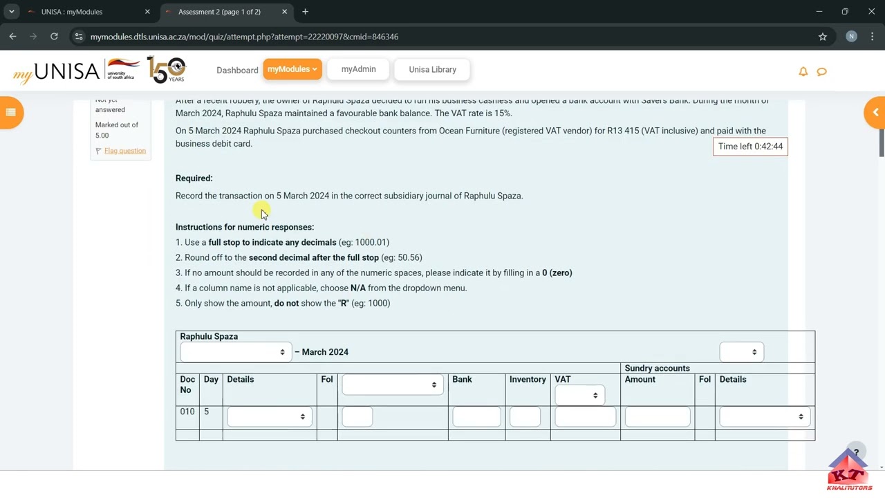 2024 S2| FAC1501 Assessment 2| Part 1| Cash Receipt Journal Question.