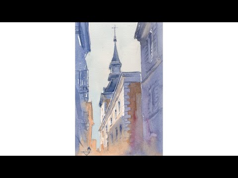 Painting a narrow Street in Madrid - Watercolor painting