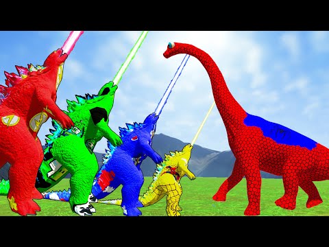 Godzilla Evolution vs Team Tyrannosaurus Rex Brachiosaurus Mosasaurus in Jurassic World Evolution