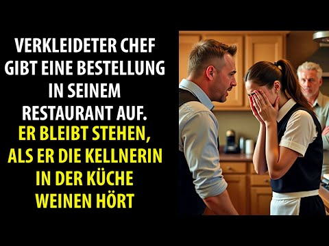 Verkleideter Chef macht Anfrage und bleibt stehen, als er die Kellnerin in der Küche weinen hört