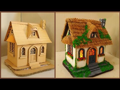 DIY Thatched Roof Fairy House From Cardboard/ DIY Thatched Roof Cottage In The Forest