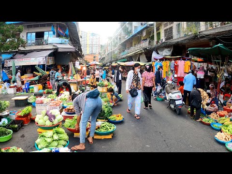 Very Busy Market Scene in Phnom Penh - Cambodian Street Food