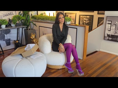 Rose Tries On Purple Stockings With Lavender 6 Inch Flip Flop Style High Heels With Black Dress