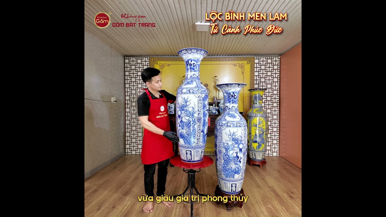 Lộc Bình 1M2 Men Lam Tứ Cảnh Phúc Đức