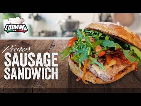 Ultimate Italian Sausage Sandwich: Piero's Ciabatta Delight with peppers onion and provolone cheese