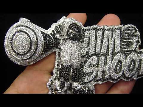 Custom Designer Aim & Shoot 3D Pendant 14K White Gold Black Diamond