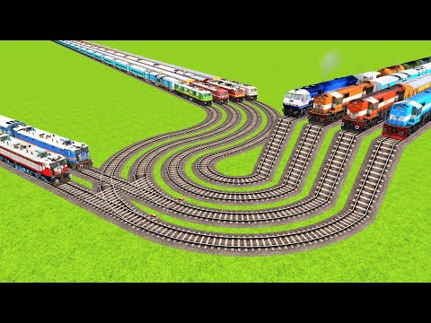 TEN TRAINS VS BIGGEST AND LONGEST SHARP ROTATED SHAPE RAILWAY TRACKS TURNS|🔺️Train Simulator|