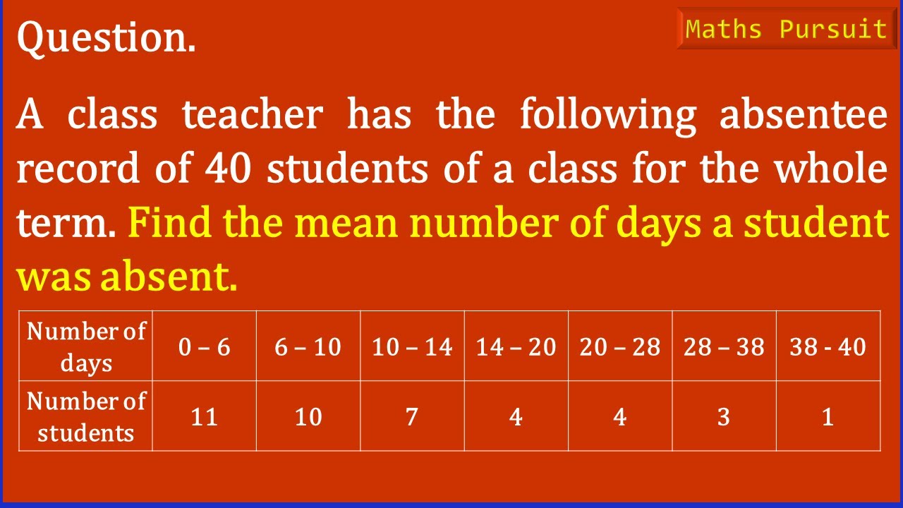 Watch video A class teacher has the following absentee record of 40 students of a class for the whole term. F... Now A class teacher has the following absentee record of 40 students of a class for the whole term. F...