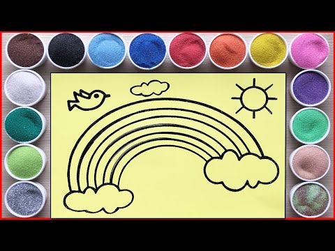 Colored sand painting rainbow in the sky with clouds and bird, sand art (Chim Xinh channel)