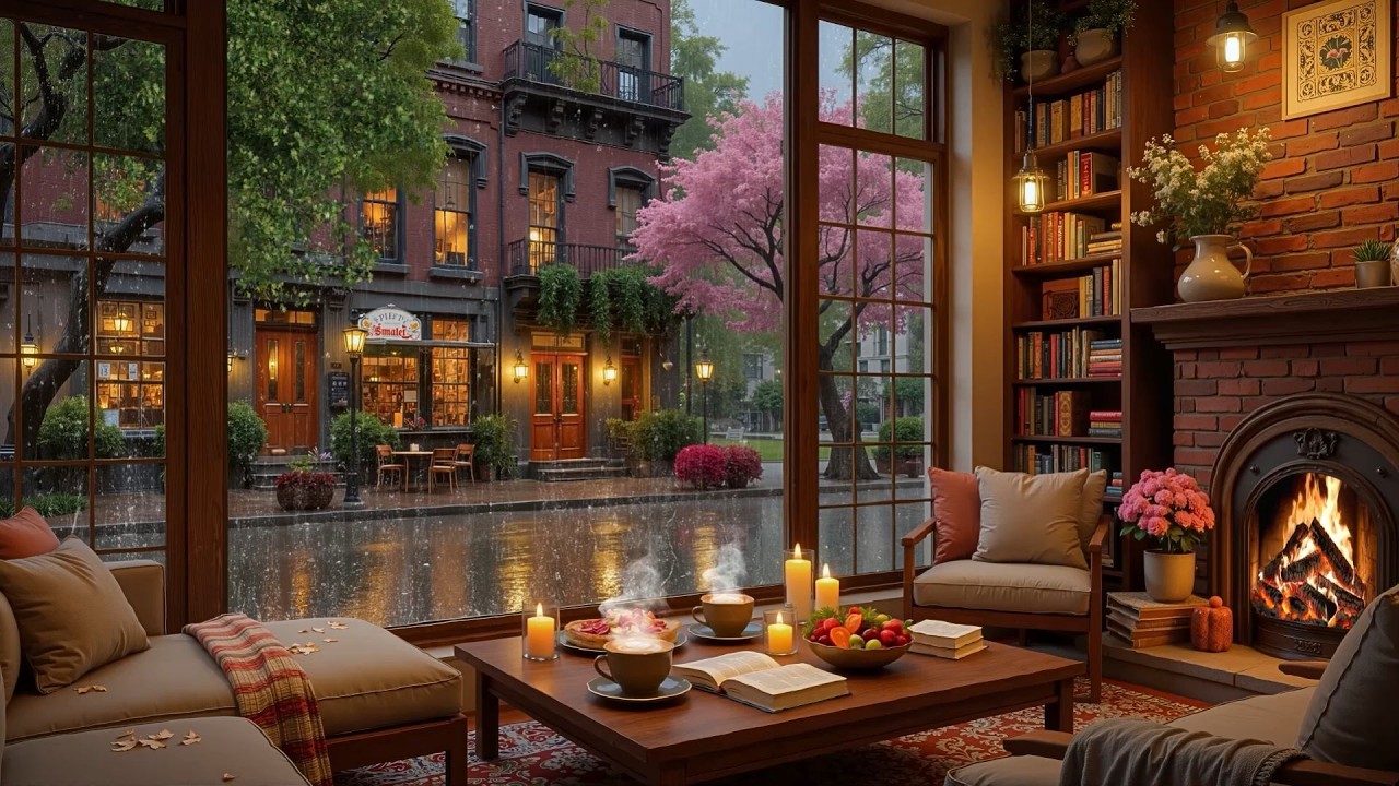Gorgeous Rainy Café ☕ Cozy Jazz, Soft Piano Melodies & Fireplace Sounds For Relax & Deep Focus