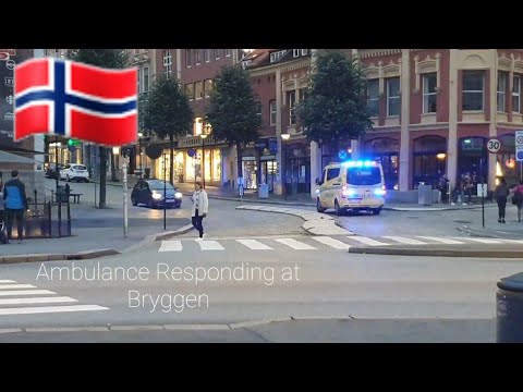 Ambulance responding at Bryggen, Bergen in Norway