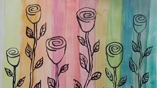  Watercolor Rainbow Background Tutorial | Easy Rose Line Art 🌹🌹🌹