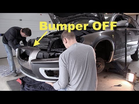 Volvo bumper cover off, headlight washer repair, mesh grill inserts and bumper clading replacement.