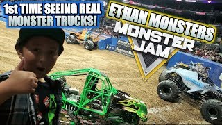ETHAN MONSTERS FIRST TIME AT A REAL MONSTER JAM ARENA SHOW! MONSTER TRUCKS IN REAL LIFE!!