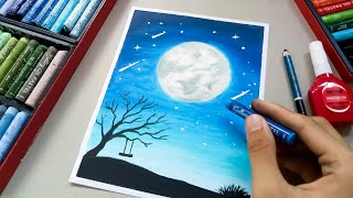 Cara Menggambar Pemandangan Malam Hari dan Moonlight / Easy Oil Pastel Drawing / for Beginners