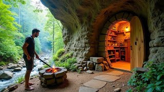 I Built a Bushcraft Survival House Under a Giant Rock Cave| Primitive Villa