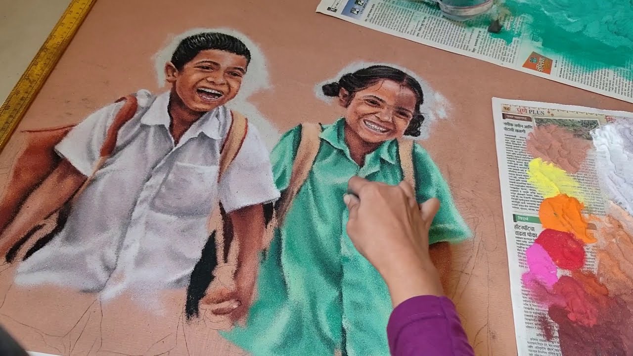 realistic 3d portrait rangoli art school students by bhagyashree