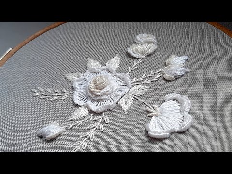 3D White Roses Cast on Stitch - White Embroidery in detail