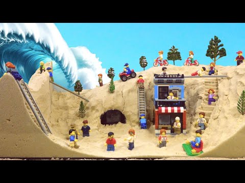 Tsunami And Flood Destroys LEGO Tourist Spot with Sea Cave: Wave Machine And Lego Dam Breach