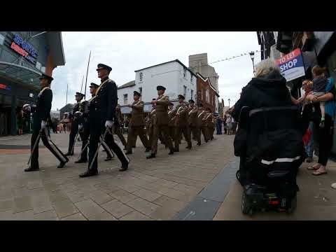 The 1st Queens Dragoon Guards homecoming march ( marching )through Wrexham 12/07/2022
