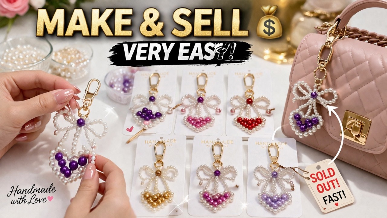 I Made 50 Pearl Bow Heart Bag Charms 💰 Minimalist Beaded Crafts to Sell Fast!