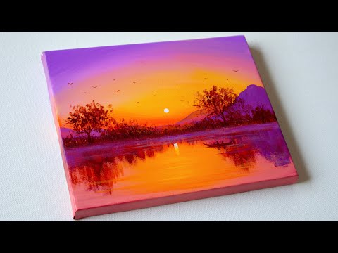 Sunset Landscape Painting | Pink Sunset painting |  Acrylic Painting for Beginners