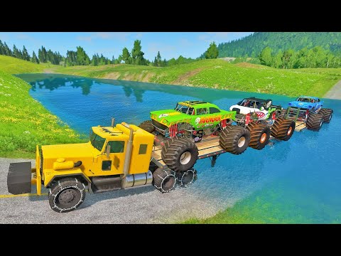 Monster Trucks  Speed Bump Flatbed Long Trailer Truck Car Rescue - Cars vs Deep Water - BeamNG.drive