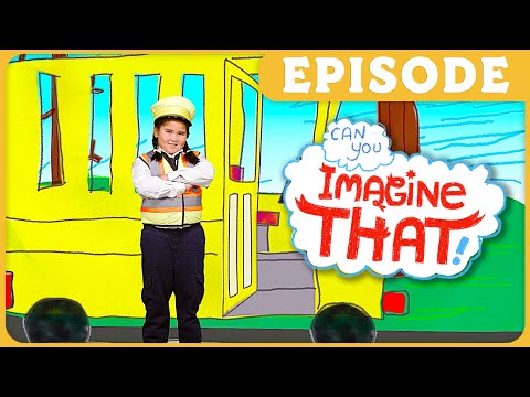 Child in a bus conductor uniform stands with arms crossed in front of a bright yellow illustrated bus, with a speech bubble saying 'Imagine That!'. Episode banner above.