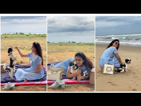 Keerthi suresh enjoying in beach with pet dog video in cool weather|| picnic in beach