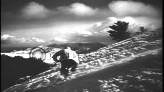 Men sliding downhill and demonstrating the Christianna stem turn technique in the...HD Stock Footage