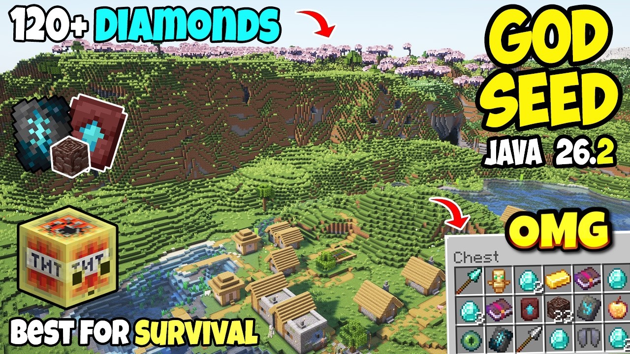 Minecraft Java 26.2 Chaos Cubed god seed 6006216005338798975 with villages and cherry groves