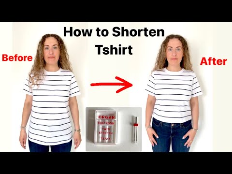 Part of a video titled How to Shorten a T-shirt, Alterations on a T-shirt hem ... - YouTube
