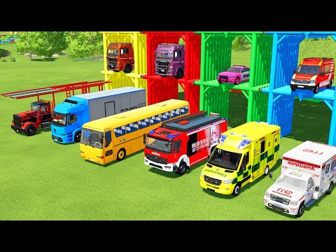 TRANSPORTING POLICE CARS, BUS, AMBULANCE, FIRE DEPARTEMENT, FIRE TRUCK TO GARAGE | FS22 SIMULATOR 22