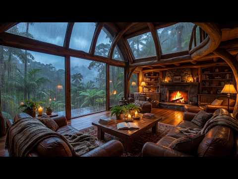 Rainy Day Jazz Music 🌧️ Cozy Forest Cabin with Fireplace Sounds for Deep Focus & Relaxation 🔥
