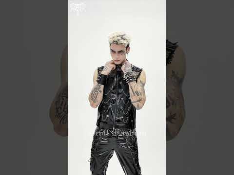 Men's Black PVC Mesh Punk Vest with Chains and Spikes