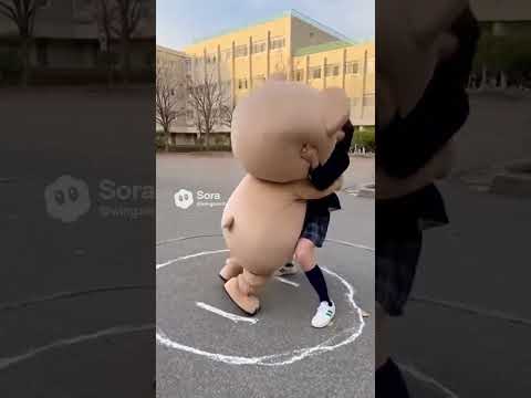 制服姿の女子高生が、ゆるキャラ風のクマと相撲ごっこをして、思わずクマが吹っ飛んでしまうコミカルなシーン