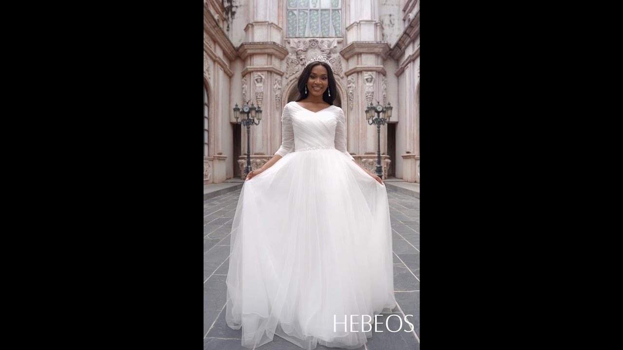 HEBEOS-A-Line/Princess Ruched Sweetheart Tulle 3/4 Sleeves Sweep/Brush Train Wedding Dresses