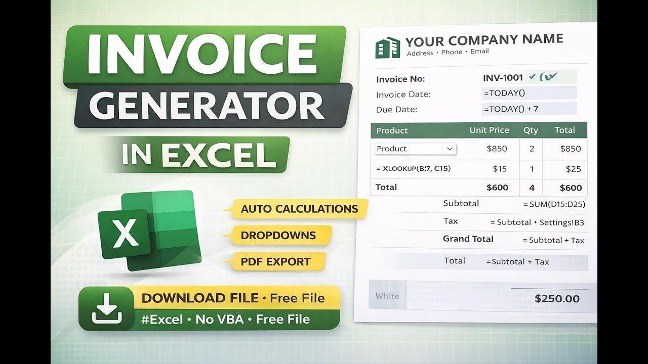 Invoice Generator in Excel | Step-by-Step Tutorial (Auto Calculations & PDF Export)
