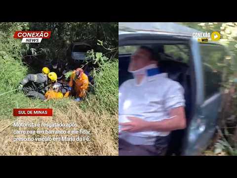 Vídeo: Motorista é resgatado após carro cair em barranco e ele ficar preso no veículo em Maria da Fé.