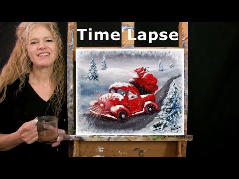 TIME LAPSE - Learn How to Paint RED NOSE TRUCK with Acrylic - Step by Step Winter Landscape Tutorial
