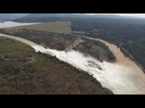Aerial of the Oroville Spillway in 4k - Feb. 13, 2017
