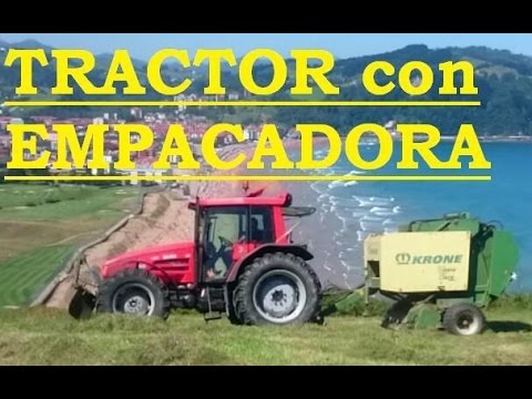 LAMBORGHINI TRACTOR TRAILER WITH CRANE and EMPACADORA working. Grass balls. Children’s Video