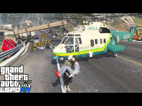 GTA 5 LSPDFR Sheriff Helicopter Medevacs Victim From Crashed Semi Truck Hanging Off Of The Highway