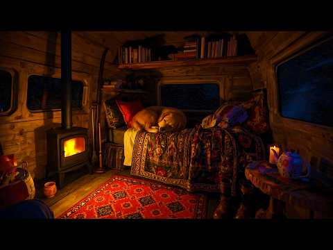 Fall Asleep Fast in a Warm Camper Van - Blizzard Night, Fireplace Crackle and Deep Sleep Relief