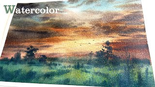 Watercolor Sunset Painting: Fiery Clouds Over Vast Grassland