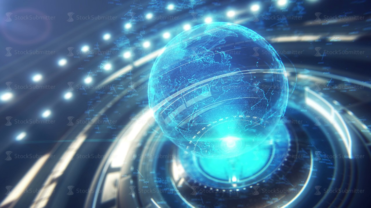 A stylized rendering of the earth conveying the modern digital age 4k motion graphics
