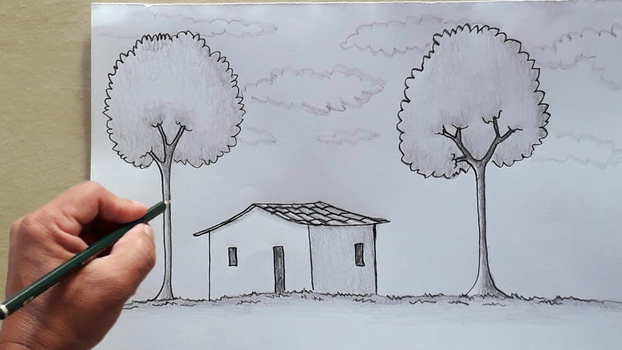 Como desenhar uma paisagem fácil casinha e árvores