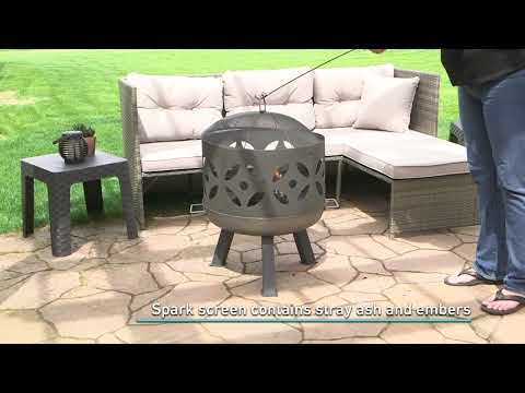 Retro 27 Inch Round Cast Iron Wood Burning Fire Pit in Dark Gray By Ultimate Patio Video
